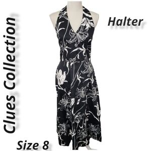 CLUES Collection Halter Midi Dress Black and White Floral Cotton Spandex 8 EUC